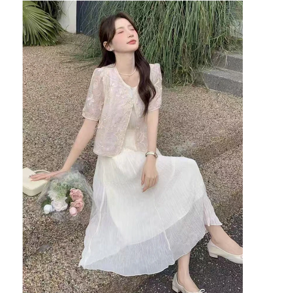 高级感重工刺绣连衣裙女2025夏季新款气质收腰显瘦时尚套装25056