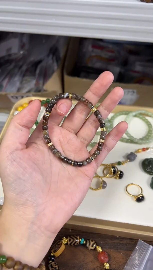 未镶嵌手链玛瑙/玉髓咖啡黑蚕丝玛瑙精工药片珠手链[2741]