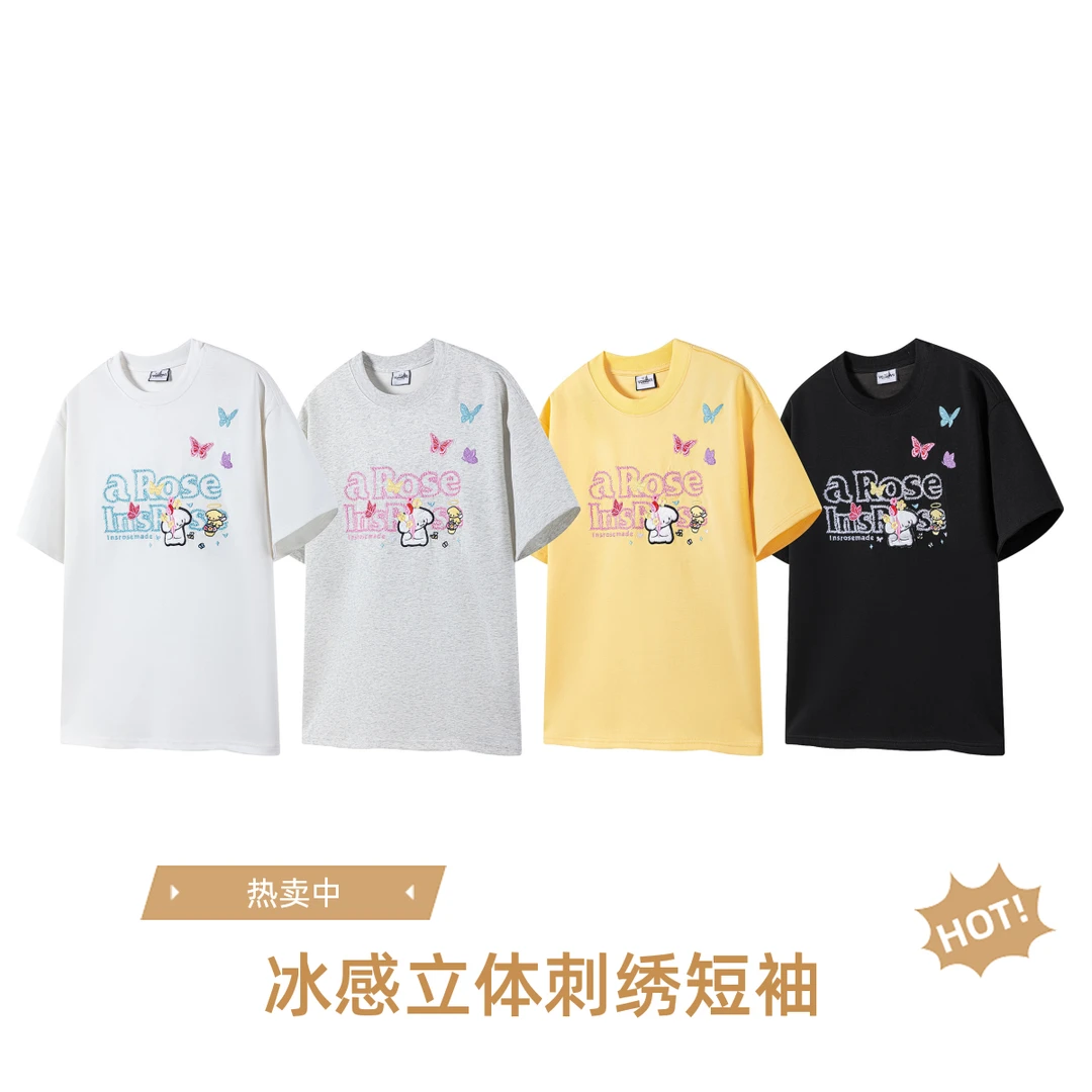 国潮美式毛绒小狗涂鸦仿手绣曼巴冰感棉T恤潮牌绣花男女宽松短袖