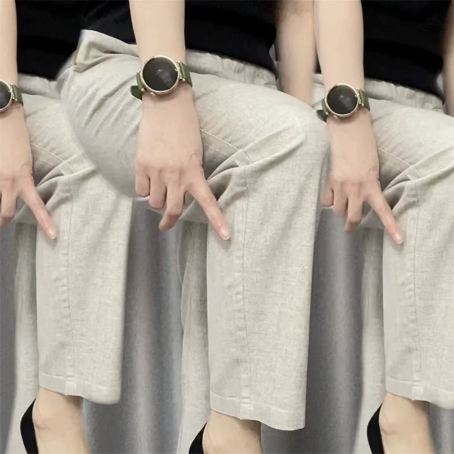 2025夏季时尚麻料高腰显瘦纯色休闲裤宽松哈伦裤百搭透气小脚裤女