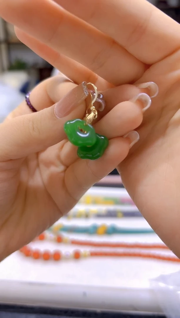 和田玉（碧玉）14K金镶嵌耳饰DIY款E859