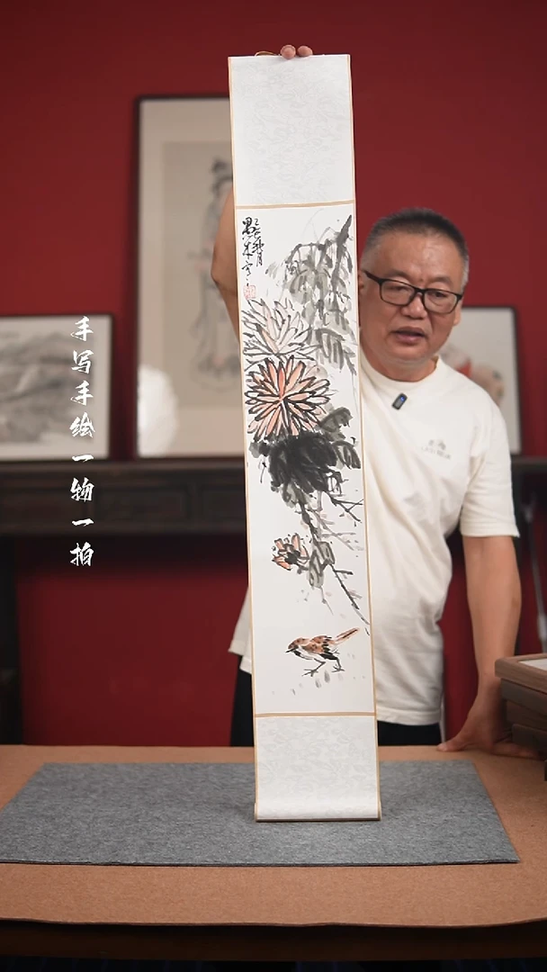 国画手绘-17*110卷轴花鸟