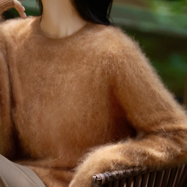 【薄款羊绒拉绒圆领】女士时尚百搭通勤无缝针织衫NSYR3330-1