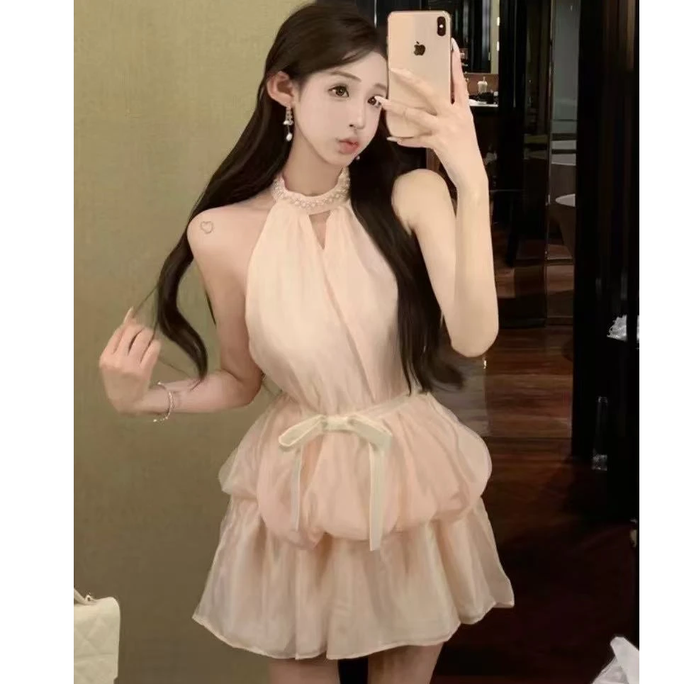 JAXEEE 法式无袖夏季纯欲复古甜美露肩挂脖式连衣裙