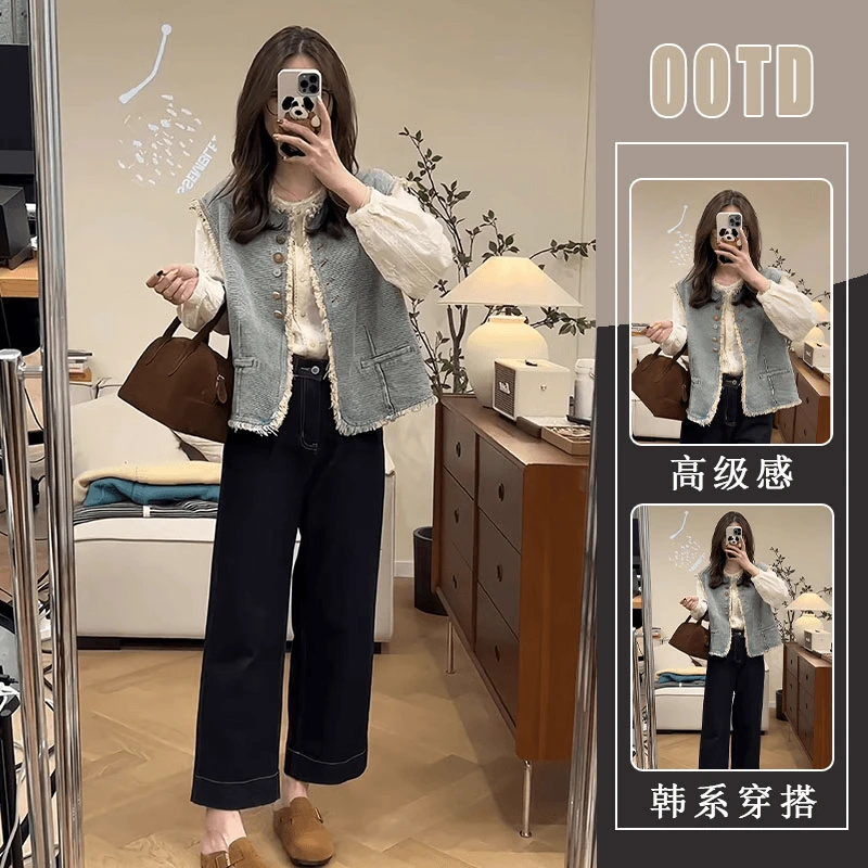 春秋搭配一整套女设计感流苏牛仔马甲宽松衬衫牛仔阔腿裤时尚套装