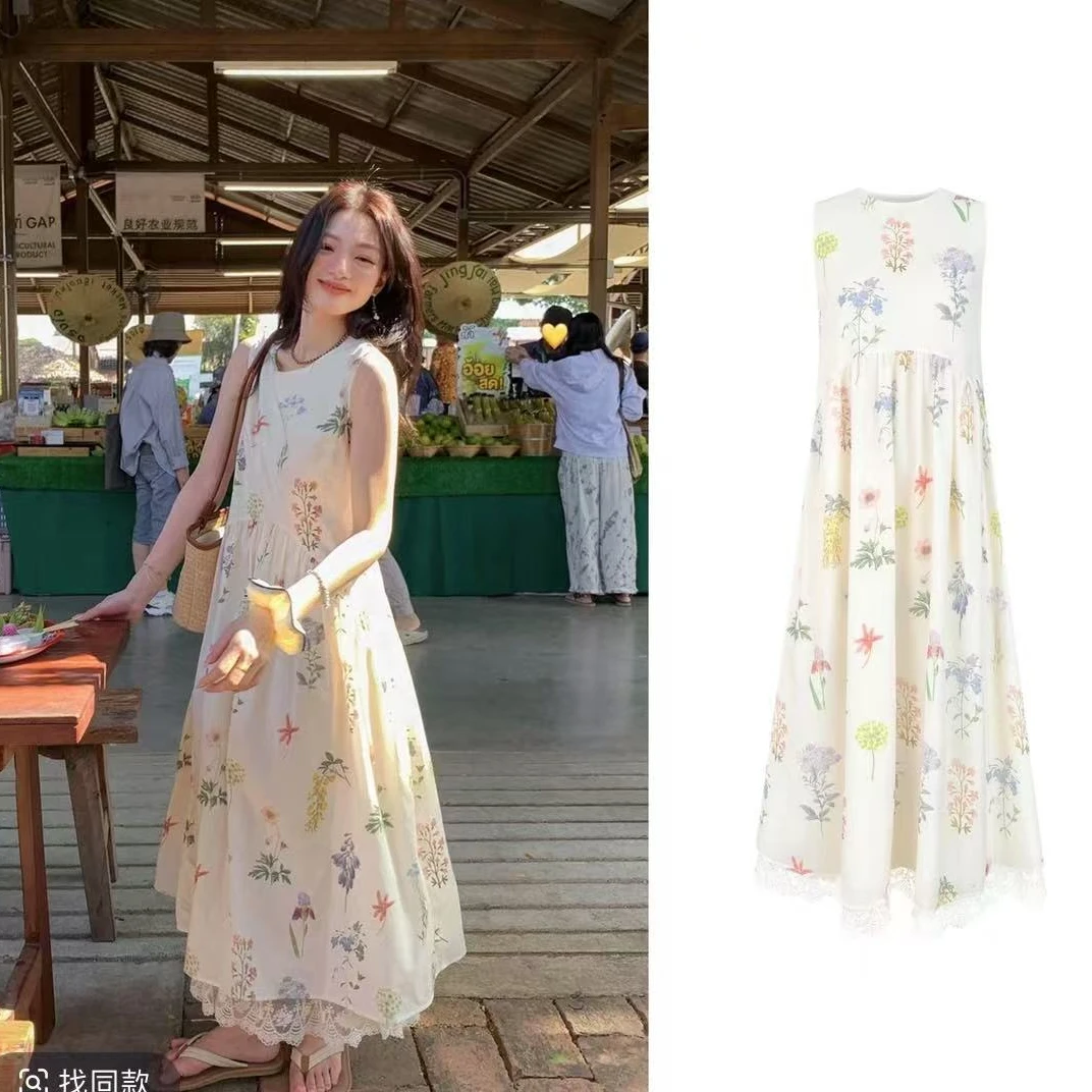 FRVXO蕾丝边植物印花背心连衣裙女小个子浪漫度假风碎花长裙