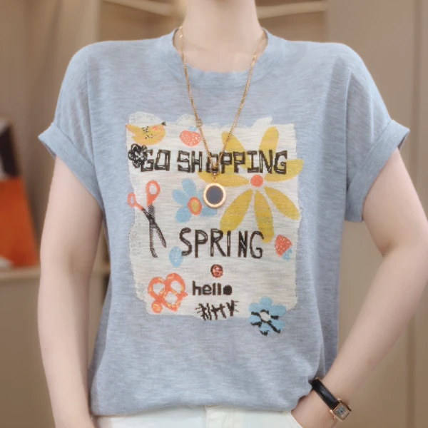 2025新款高级涂鸦百搭宽松显瘦潮流设计感短袖上衣打底女夏