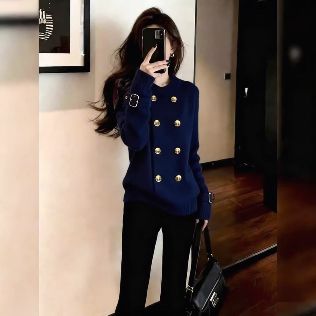 2026冬法式复古风时尚百搭休闲随性松弛藏蓝色毛衣外套双排扣开衫