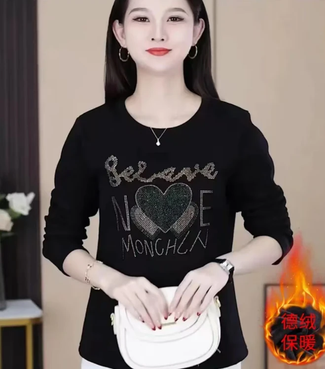 【双面德绒】烫钻长袖秋冬打底衫女黑色圆领上衣大码遮肚子长袖
