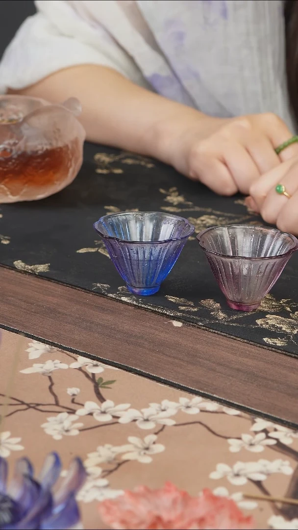 手工艺品琉璃小*闲紫色和蓝紫色花朵斗笠杯