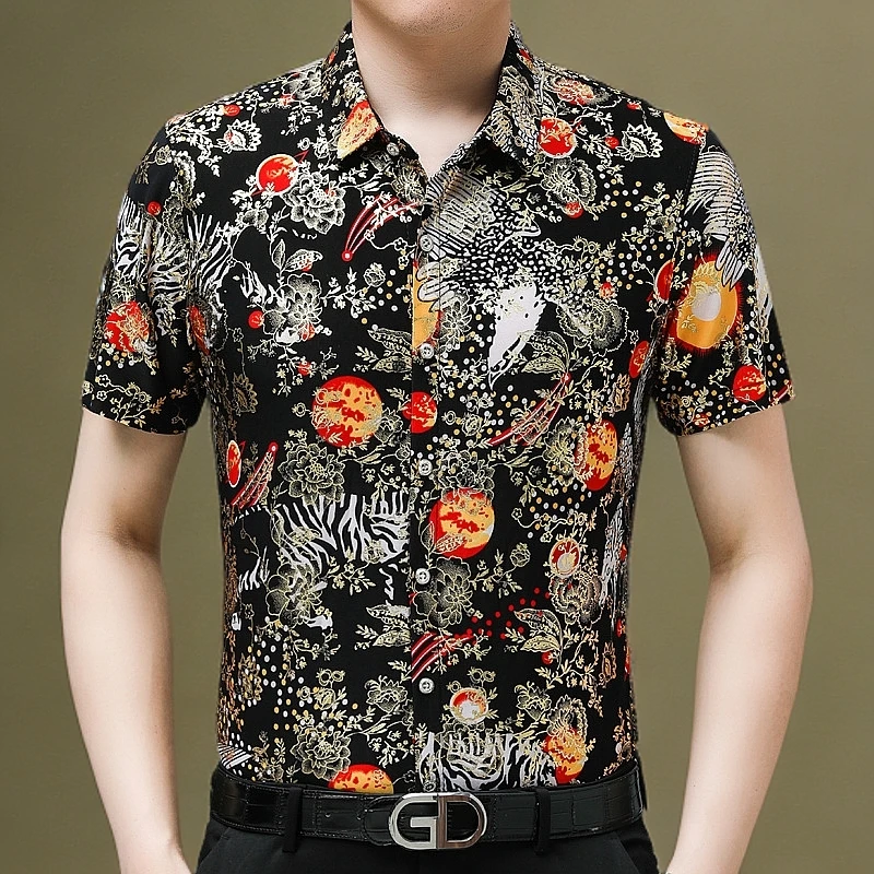 夏季冰丝男士短袖花衬衫大码宽松休闲时尚洋气中年衬衣爸爸装潮T