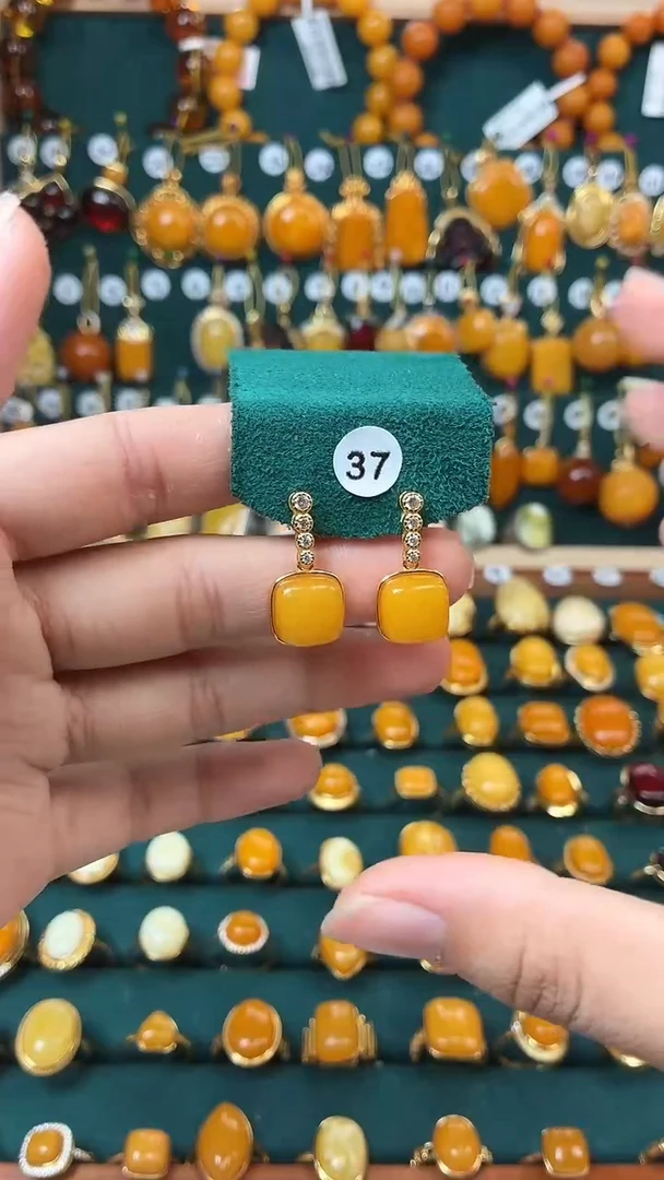 琥珀银S925镶嵌耳饰蜜蜡方糖耳钉