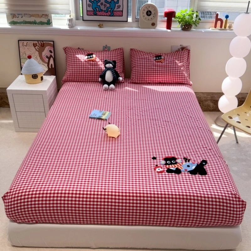 喵喵系列-纯棉全棉水洗棉工艺款绒刺绣床笠三件套