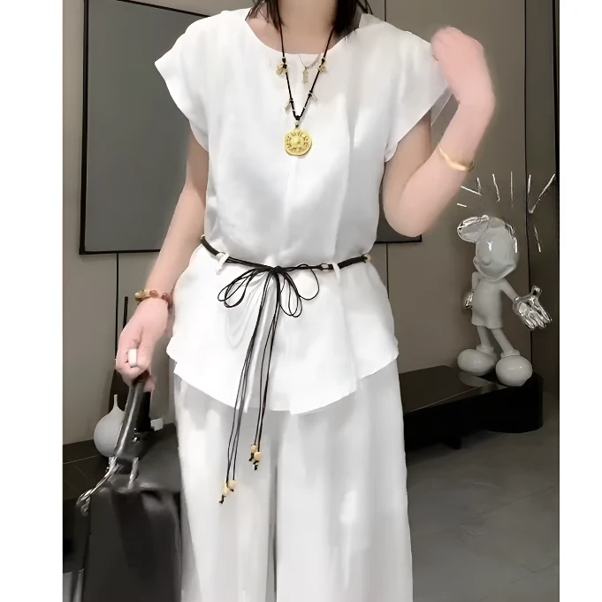 【ICS韵裕】新款时尚气质百搭褶皱系带上衣+裤子女