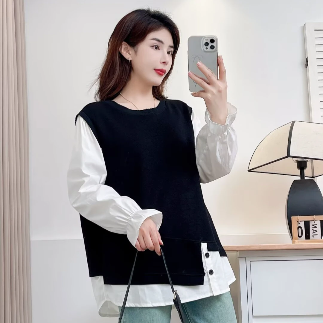 【萨萨Be Firm】微胖大码女装春季下休闲宽松显瘦假两件衬衫卫衣