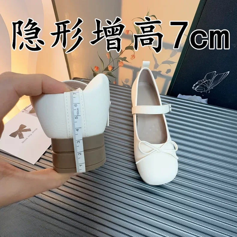 小个子内增高7cm女款舒适包头芭蕾单鞋法式复古蝴蝶结高跟鞋