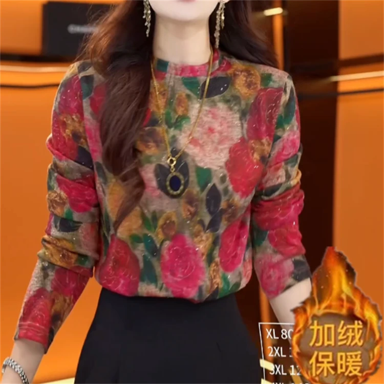 2025女士秋冬新款洋气印花长袖加绒打底衫妈妈装保暖显瘦减龄气质