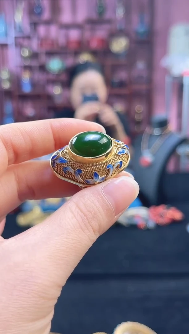 非遗 花丝镶嵌戒指 镀金 碧绿