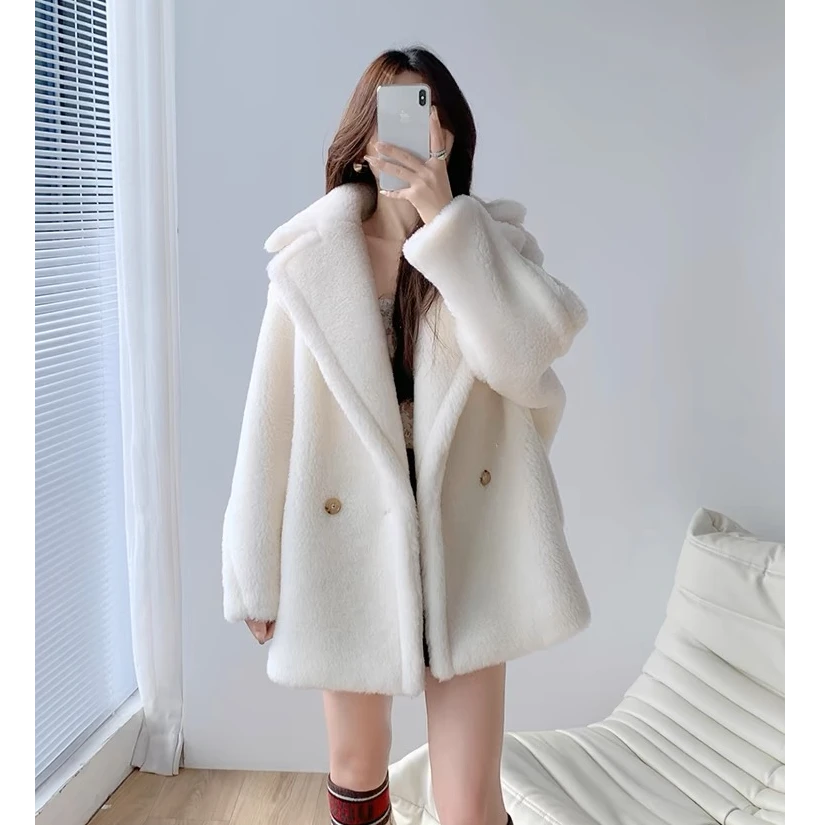 Y561秋冬新款短款奶油白泰迪熊毛毛大衣中长款外套女
