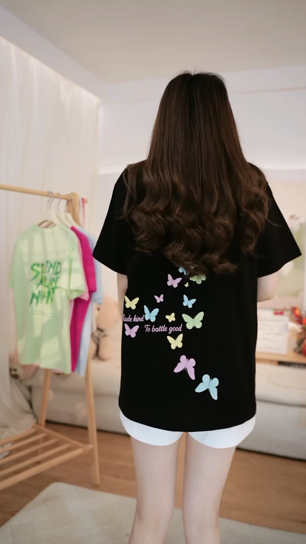 美式高街蝴蝶印花纯棉白色短袖t恤女夏季宽松设计感小众百搭上衣