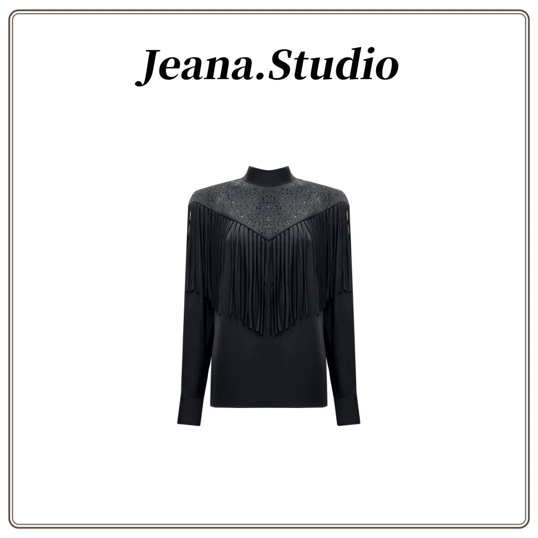 【Jeana.Studio】原创设计圆领黑曜石烫钻流苏设计感长袖衬衫