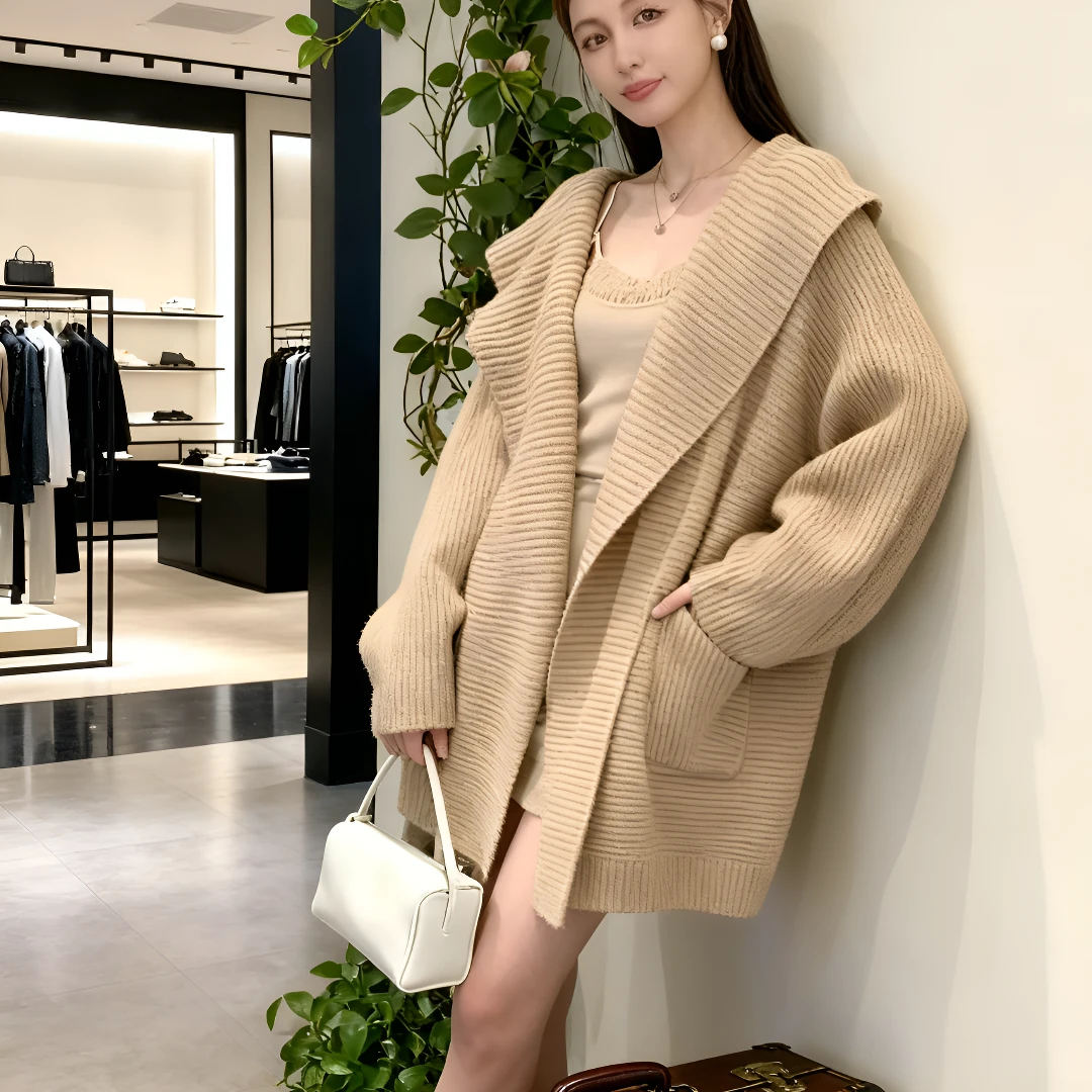 微胖慵懒迷人极简气质大码连帽中长款女毛衣针织开衫外套胖mm风衣