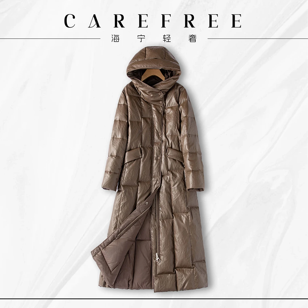 【CAREFREE轻奢】9913海宁真皮女冬季新款羽绒服长款过膝大码皮羽绒