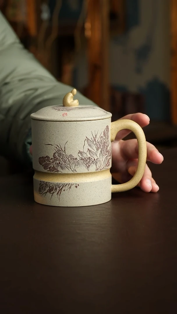 茶杯紫砂29号 李建军老师黄段粉浆白玉段荷花盖杯
