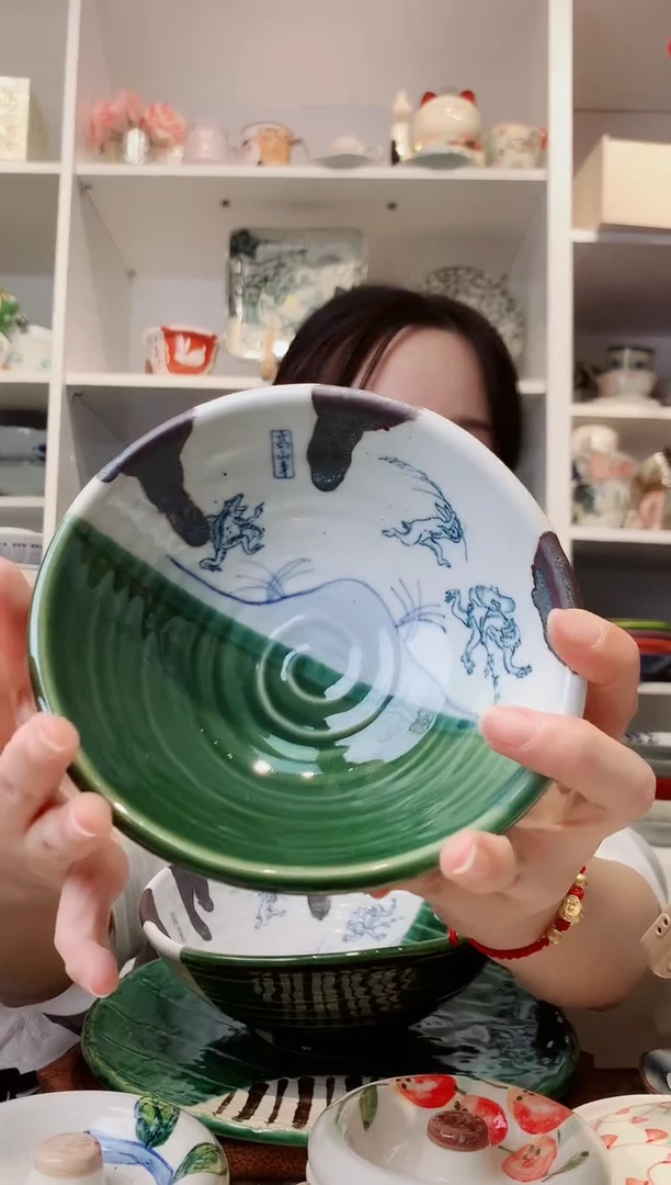 陶瓷【孤品】濑户烧鸟兽戏画织布釉小钵15cm