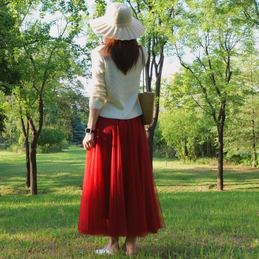 30片拼接网纱半身裙女高腰720度大摆A字裙纱裙舞蹈裙子通勤纱裙