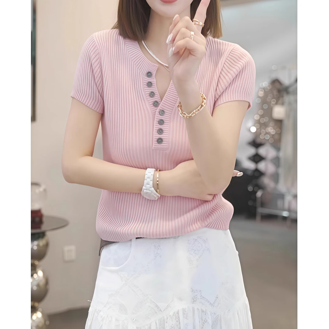 法式高级设计感半纽扣V领短袖针织衫女夏季爆款时尚洋气休闲上衣