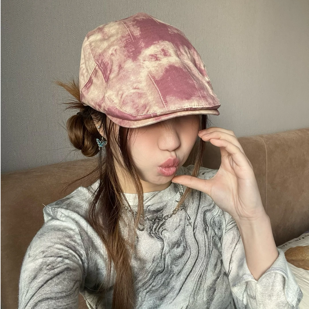 春夏可爱复古水墨画扎染贝雷前进帽子女士休闲大头围时尚潮流