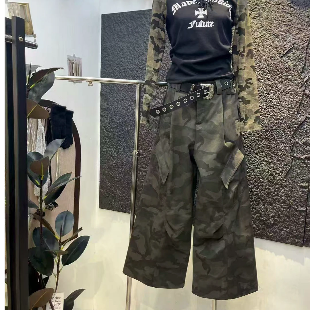 2025新款辣妹街头弯刀裤秋季阔腿裤长裤迷彩