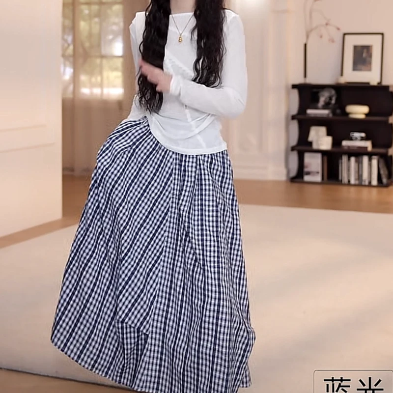 2025新款夏季新款纯色蕾丝花边长袖T恤+蓝格子半裙LK2502670