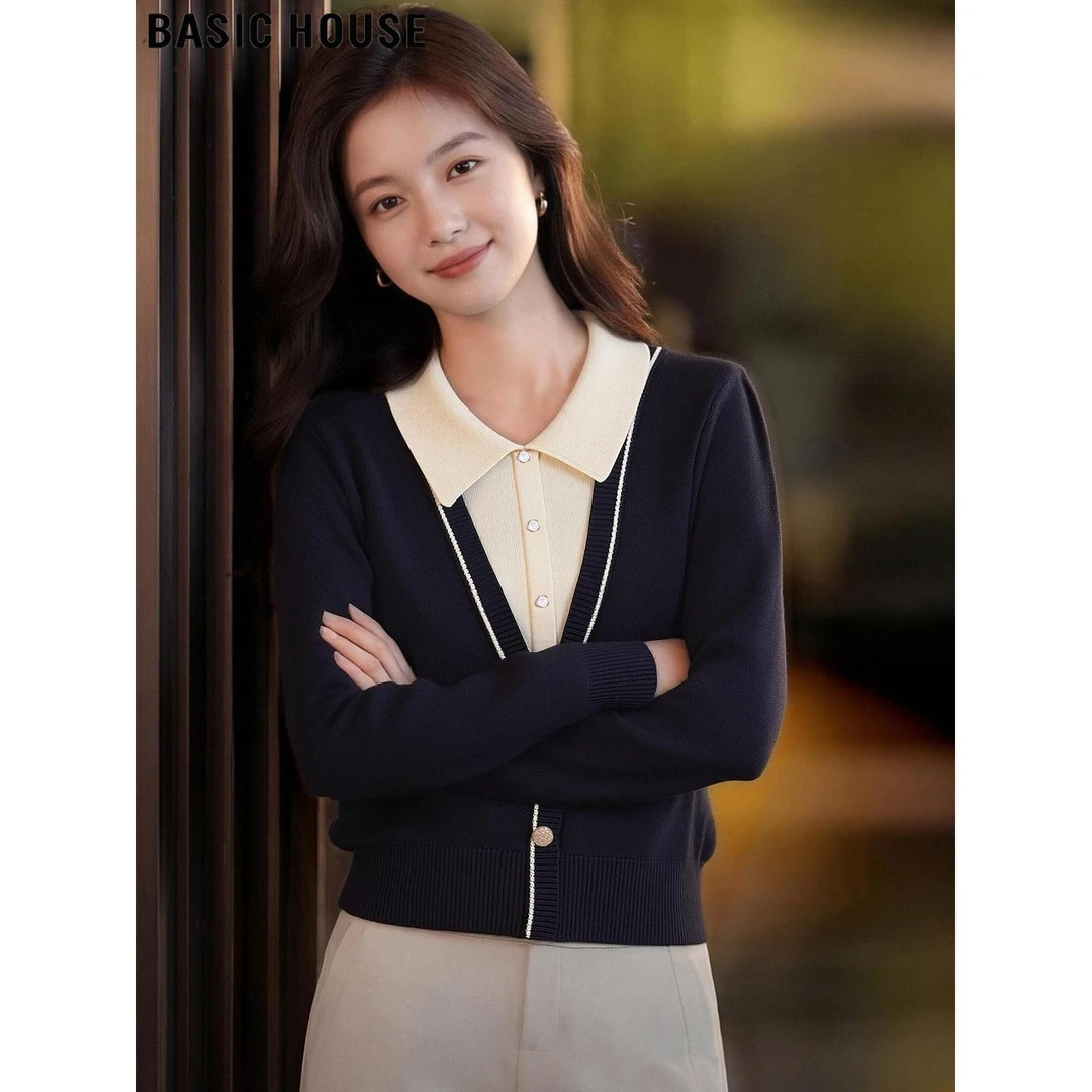 Basic House/百家好假两件翻领羊毛长袖针织衫女2026春季打底毛衣