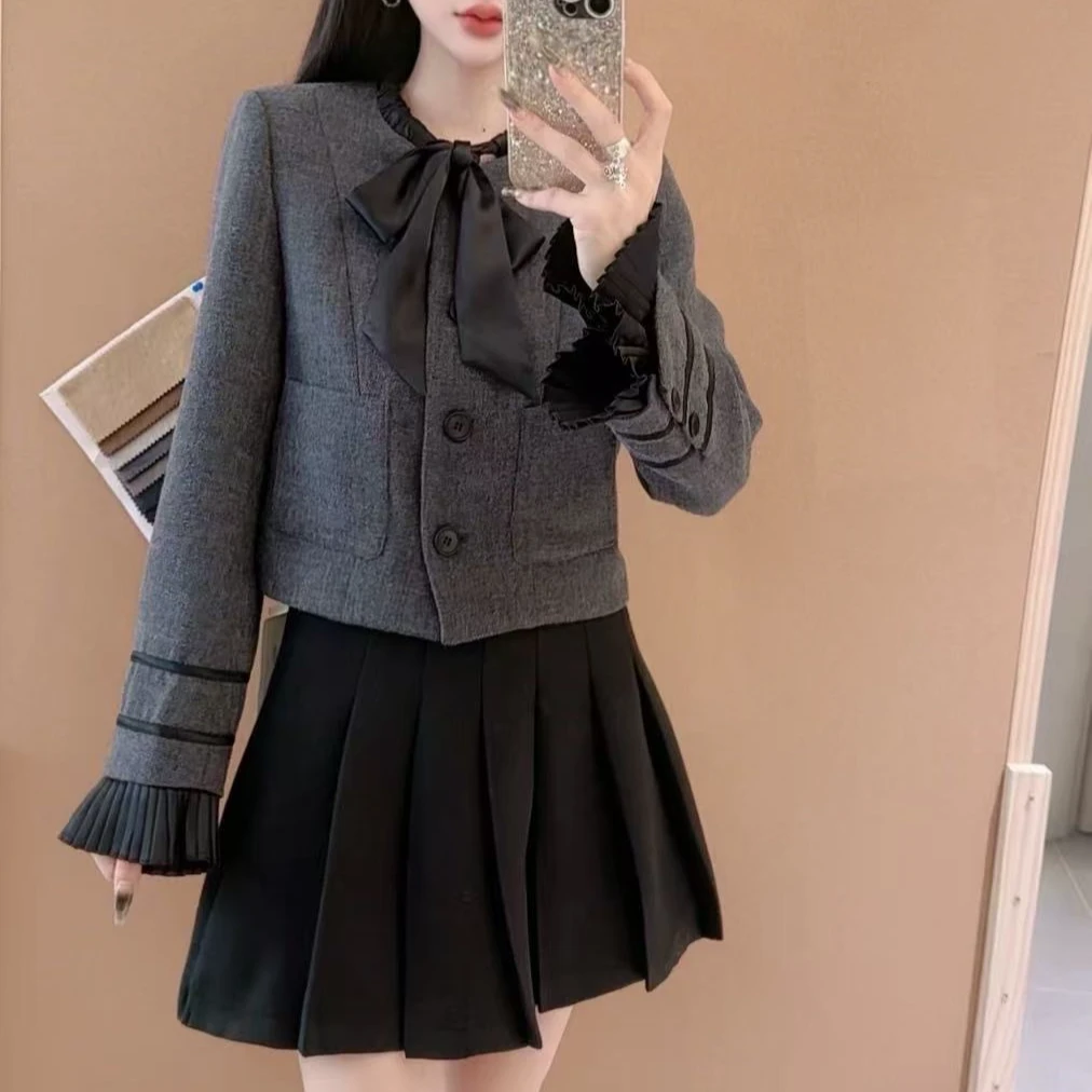 [DARUI]学院风百褶裙小香风套装女蝴蝶结修身外套两件套5765