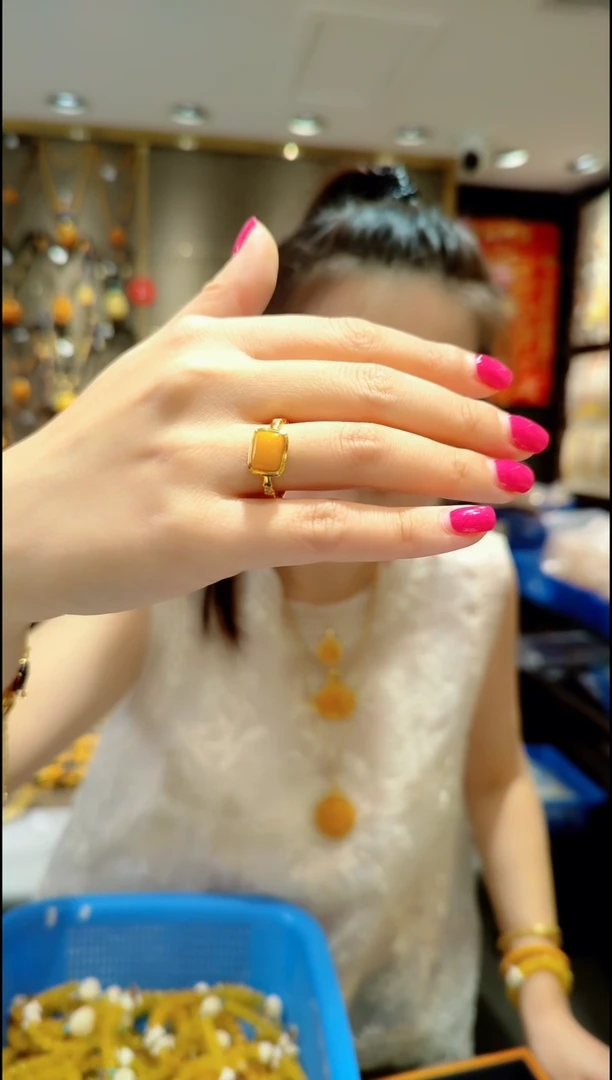 蜜蜡银S925镀金镶嵌戒指﹣A394蜜蜡戒指