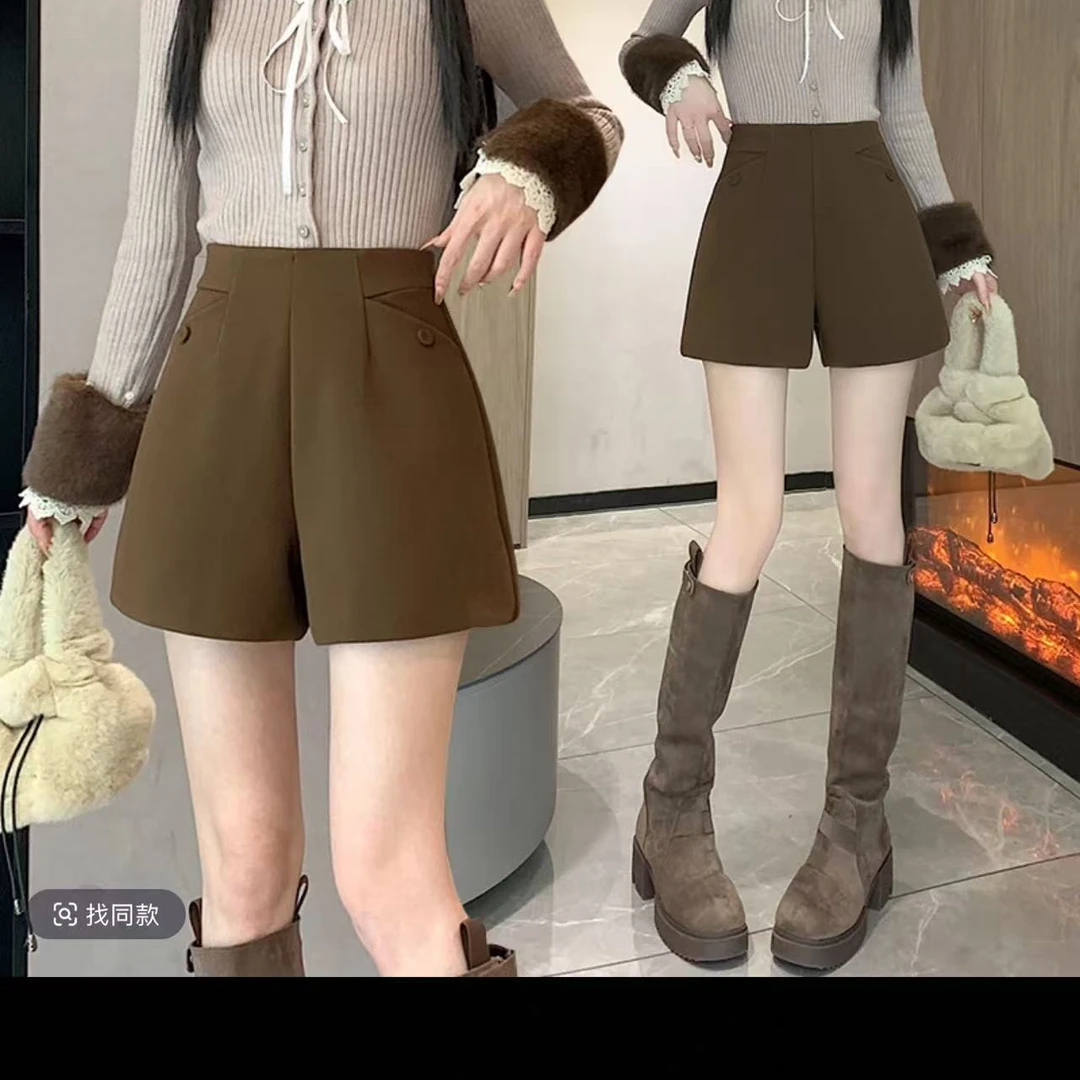 3309#【裤长38】秋冬新款宽松高腰外穿显瘦休闲尼料加厚短裤裤子