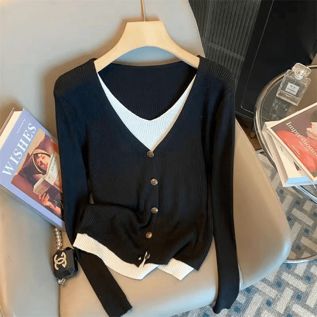 【80-180斤】新款纽扣假两件针织开衫女拼接时尚显瘦大码长袖针织H