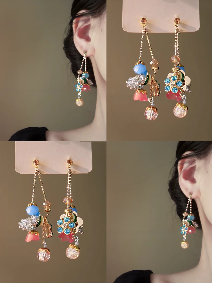 铜合金耳饰 法式复古花朵流苏耳环精致高级感耳钉百搭气质耳饰品