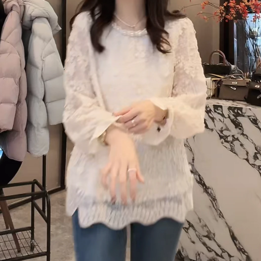 设计感法式轻奢蕾丝打底衫女2025春季新款纯色重工气质长袖衬衫