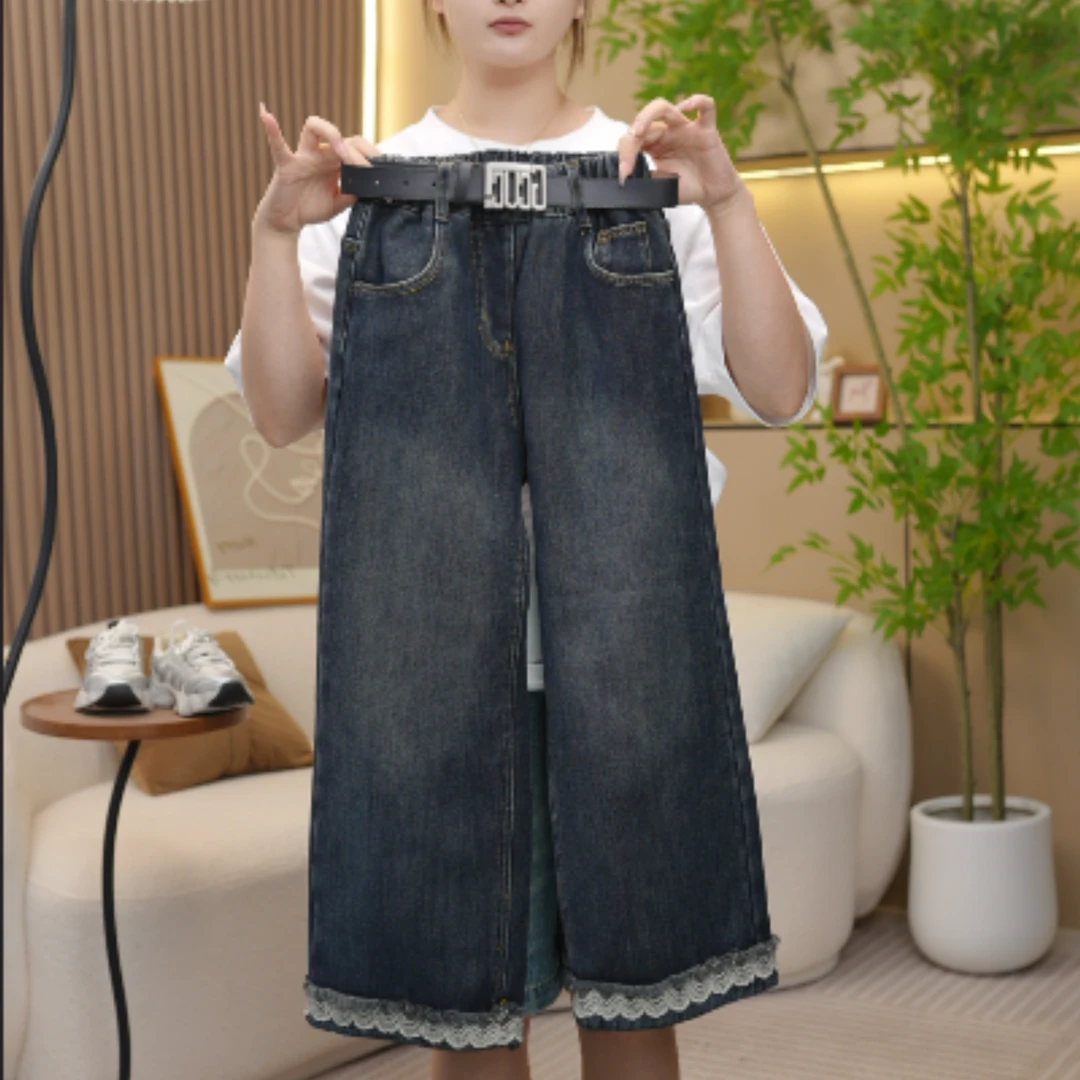 D1113新款女童秋季个性洋气长裤时尚花边脚口一体绒牛仔裤