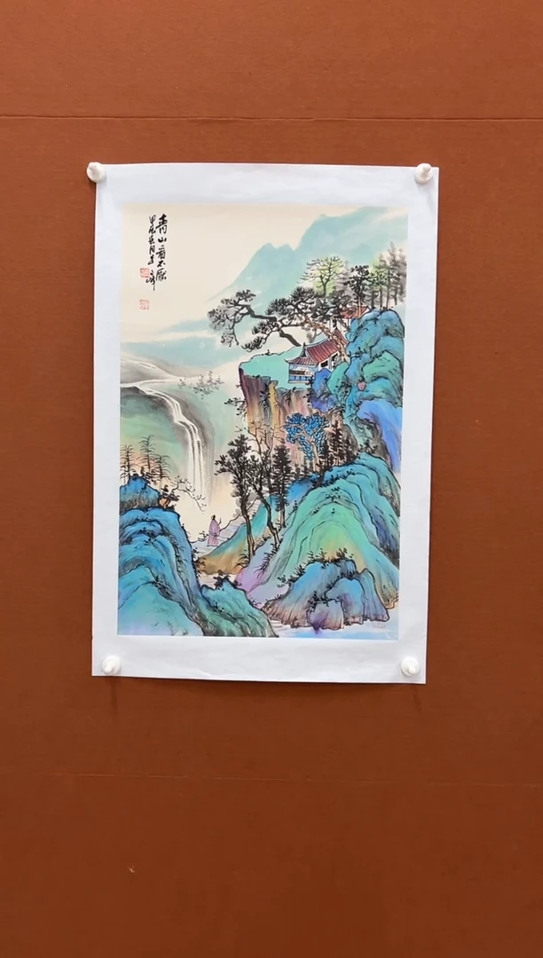 国画李文峰四尺三开重彩山水