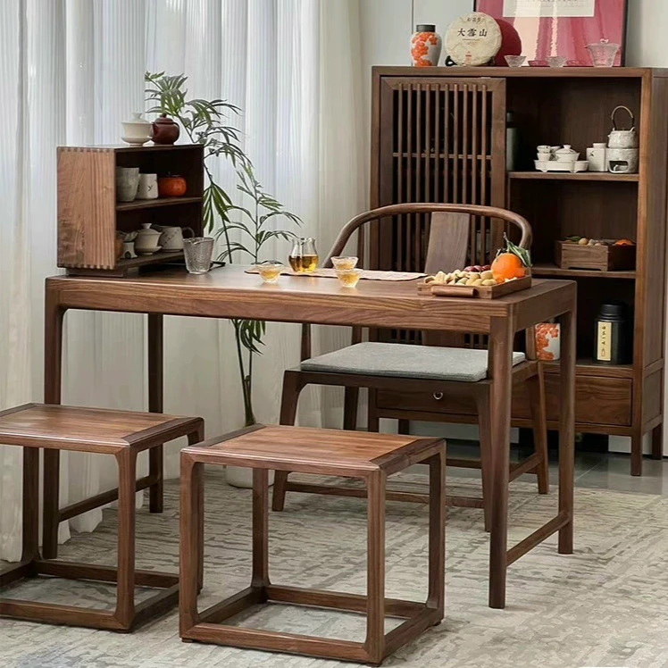 新中式实木小型阳台茶桌椅组合家用小茶台泡茶桌老榆木阳台桌子