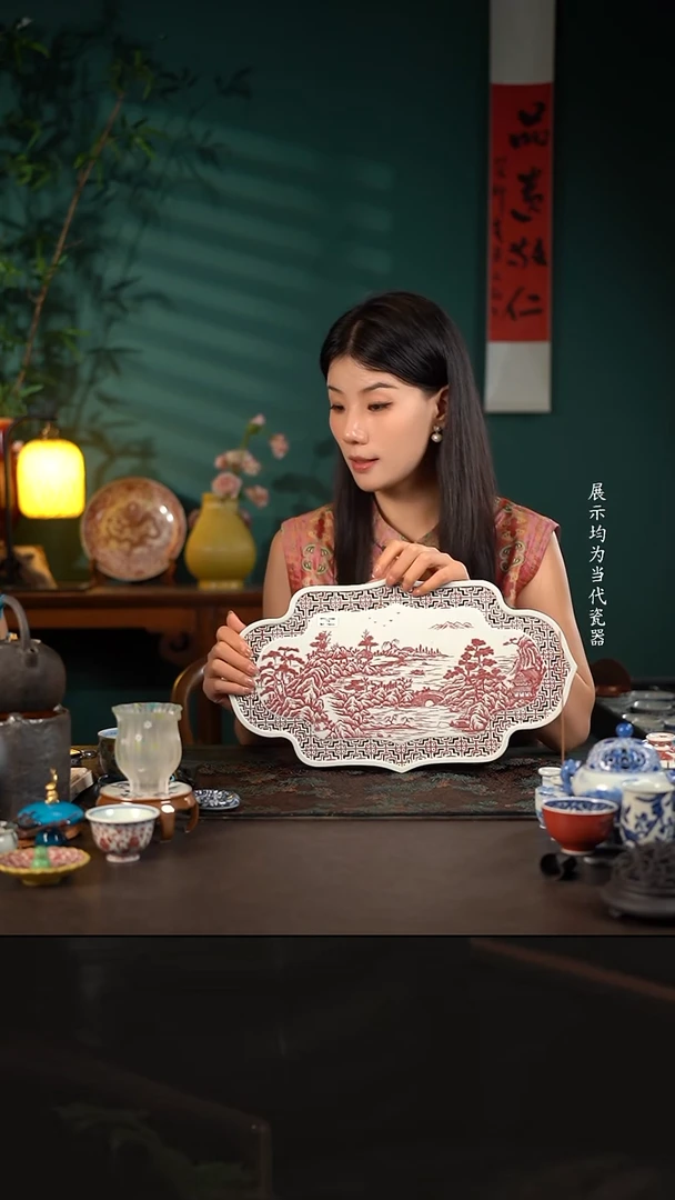 贵红窑釉里红重工山水海棠大干泡