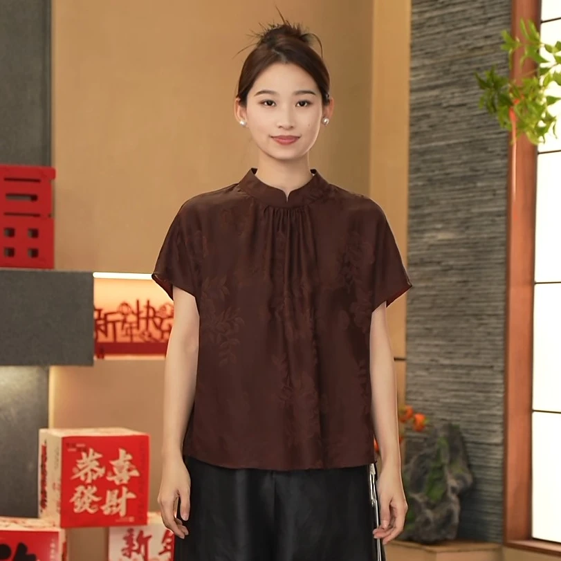 小师妹100%桑蚕丝香云纱素平缎提花上衣透气亲肤（99157）