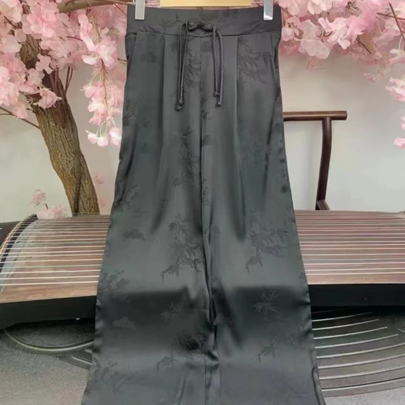 【夏竹247】夏季新中式提花高腰直筒阔腿裤女高级感垂感显瘦休闲裤
