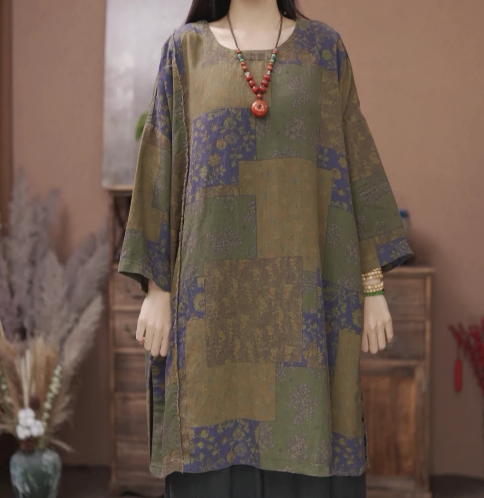 【原制原味】2025新款6746亚麻炒色毛边侧边开叉中国风宽松袍子