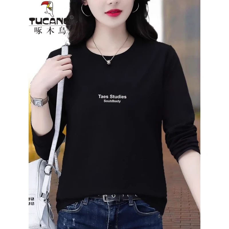 啄木鸟-纯棉长袖t恤女春秋款小衫内搭打底衫2025新款上衣时尚秋装