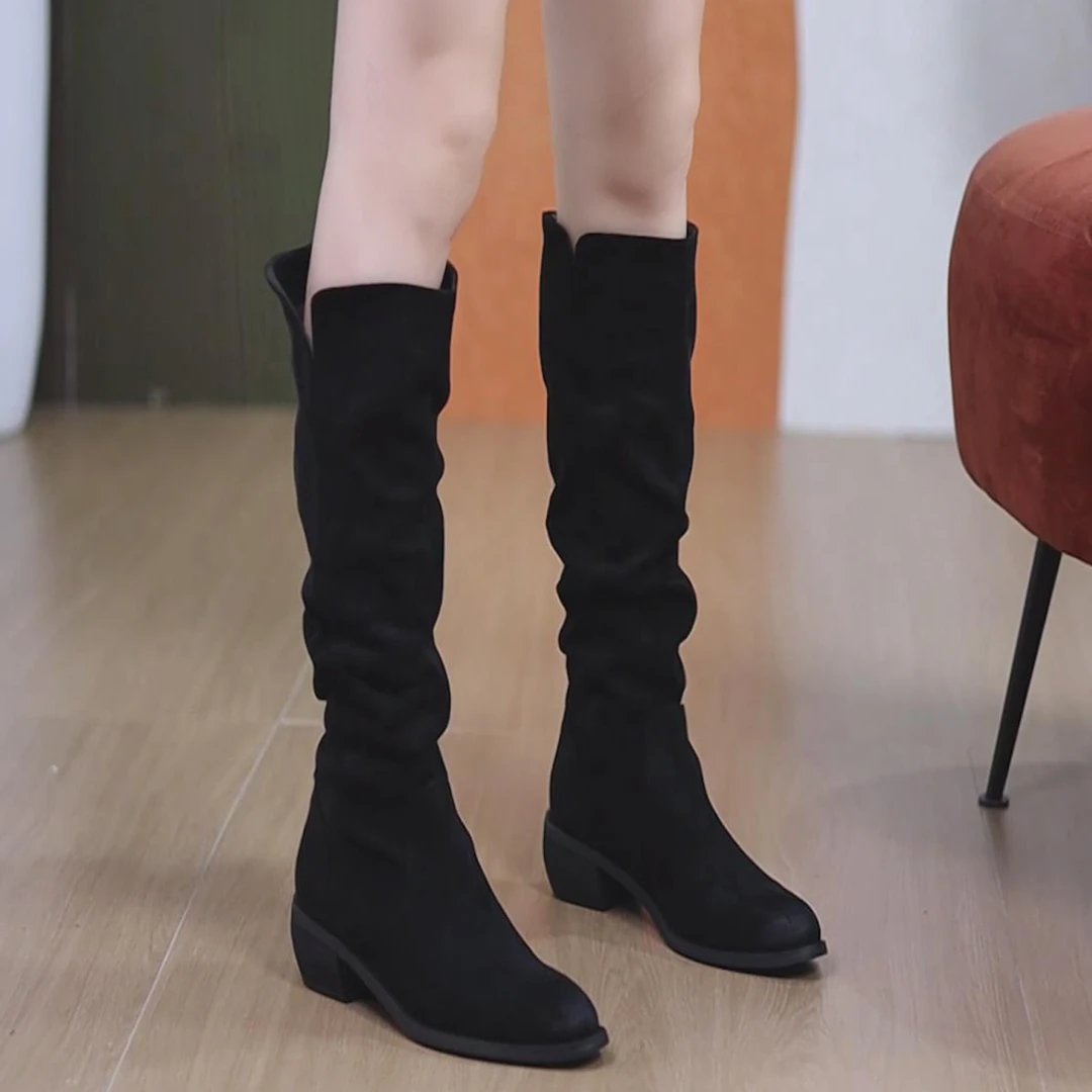 复古绒面美拉德尖头不过膝长靴女2025秋冬新款显瘦粗跟套筒堆堆靴